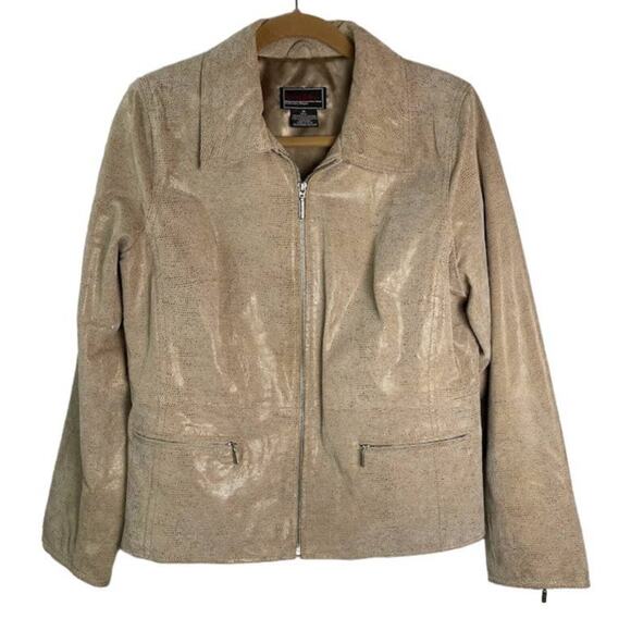 Bradley Leather Jacket Womens Medium Reptile Print Camel Tan Full Zip Coat - Picture 1 of 15
